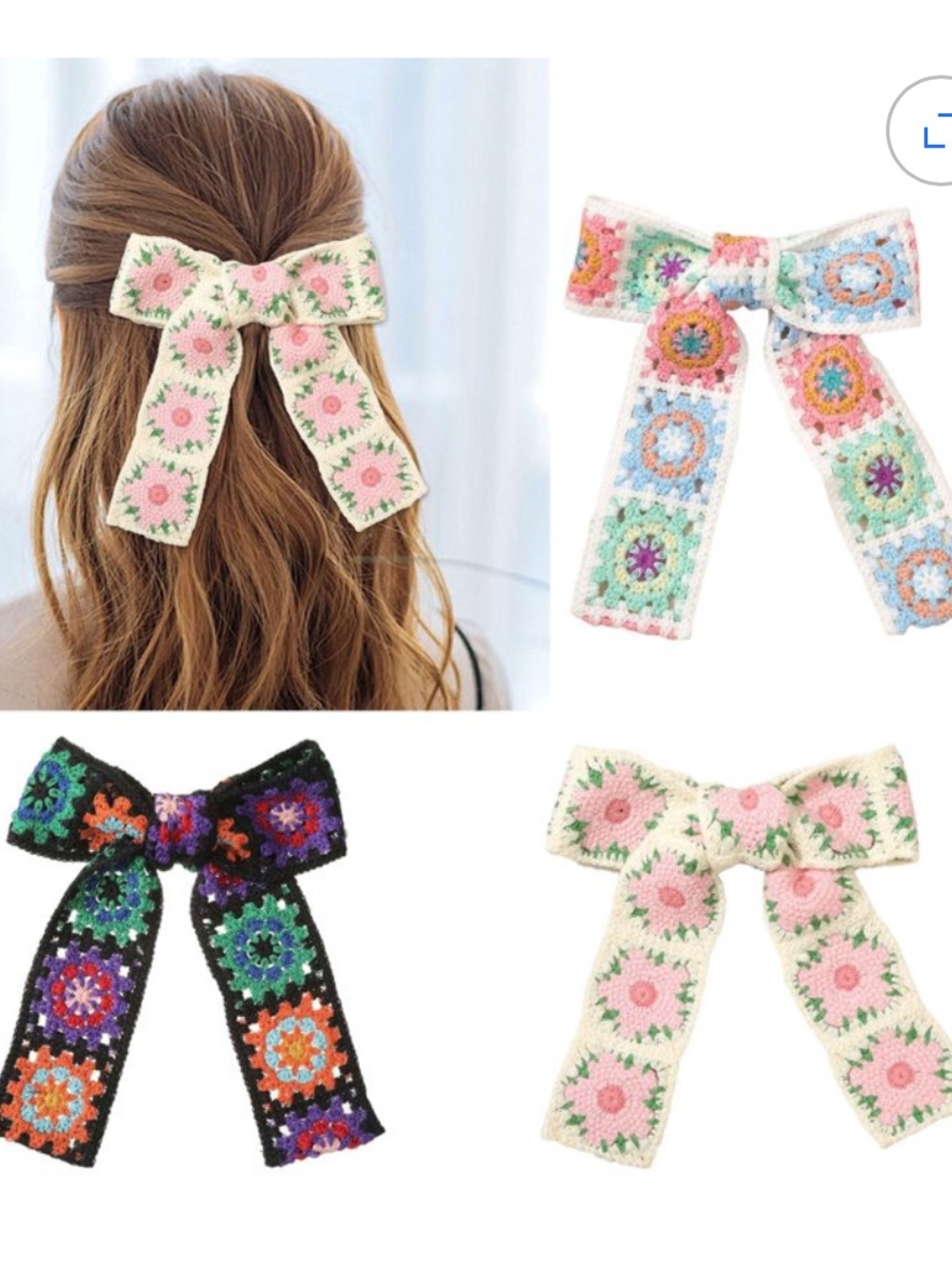 Y2K Retro Crochet Granny Square Hair Bow Barrette Cottagecore Indie Cream Blue - Picture 3 of 8